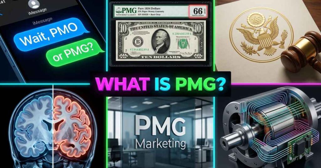 High-contrast six-panel visual breakdown explaining what PMG stands for across texting, currency grading, medical MRI, business, military, and engineering.