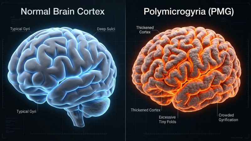 Medical side-by-side comparison diagram showing a normal brain cortex structure versus polymicrogyria PMG with abnormal small folds.