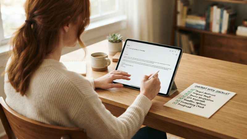 A content writer reviewing a physical pitch checklist while typing an email pitch on a tablet.
