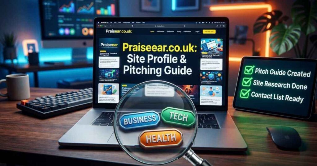 A laptop screen displaying the praiseear.co.uk website overview next to an editorial contribution checklist on a modern desk.