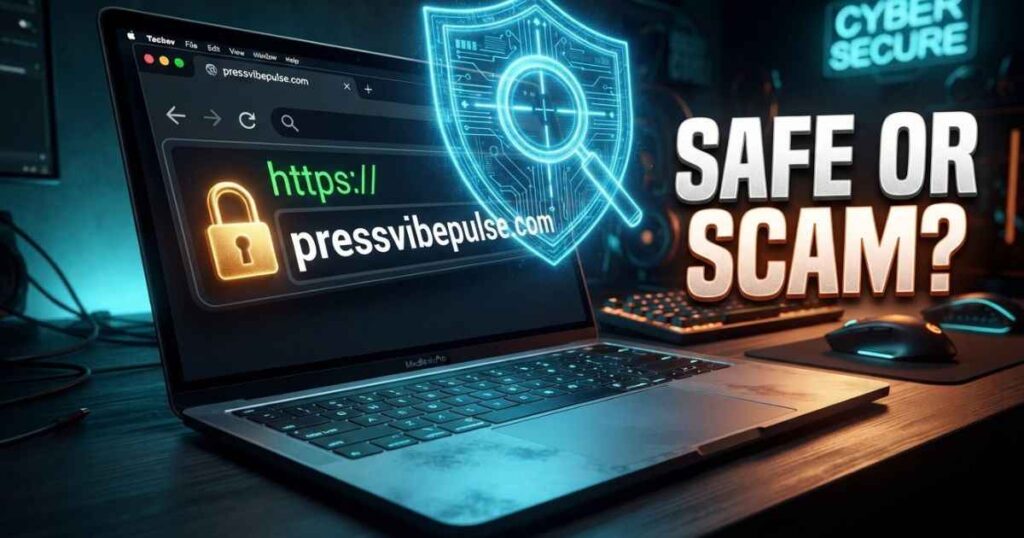 An illustrative graphic depicting a web browser address bar checking pressvibepulse com domain details.