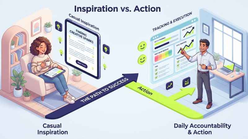 An infographic comparing passive reading on blogs to active habit logging inside dedicated software apps.