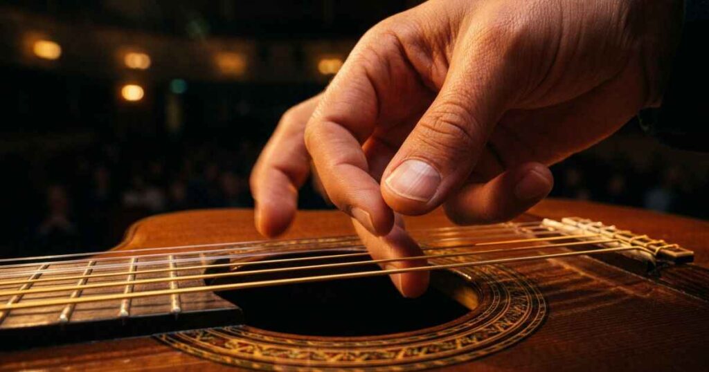 Close-up of a classical guitarist's right hand demonstrating fingerstyle plucking technique.
