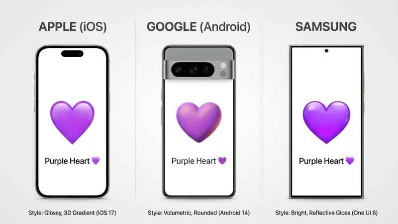 Comparison of the purple heart emoji on Apple, Google, and Samsung screens.