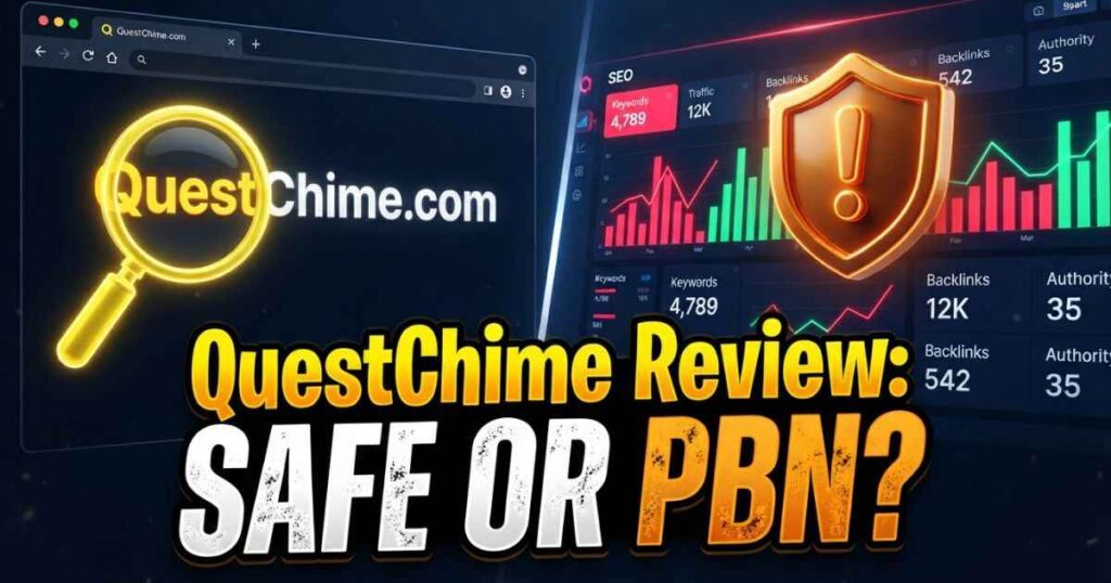 QuestChime.com review graphic showing an SEO trust shield and metrics audit.