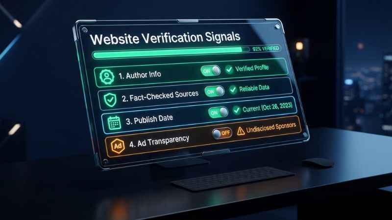 Visual 3D checklist showing website verification signals including author credentials, source links, and publish dates.