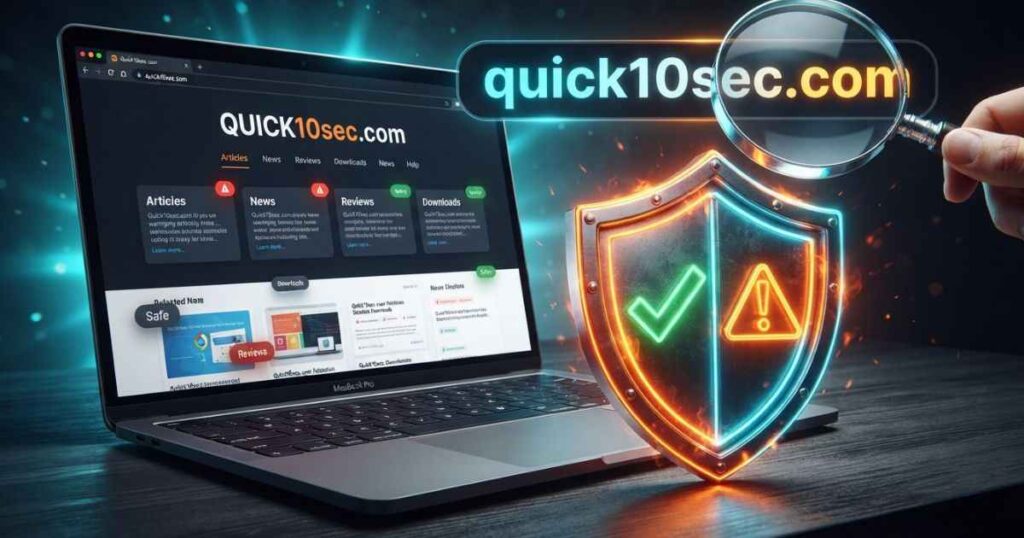 High contrast website review banner asking if Quick10sec com is safe or a scam with a magnifying glass and security shield.