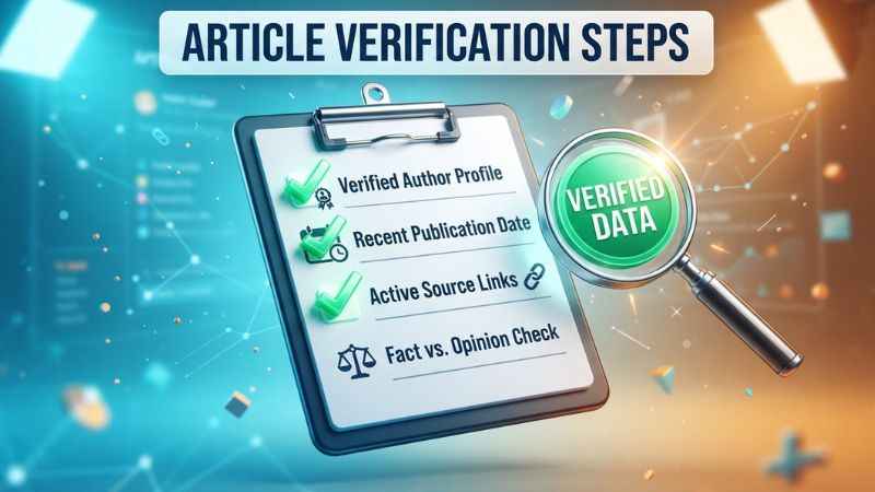 An evaluation checklist listing steps to check the author, publication date, and source links for a Rashywings article.