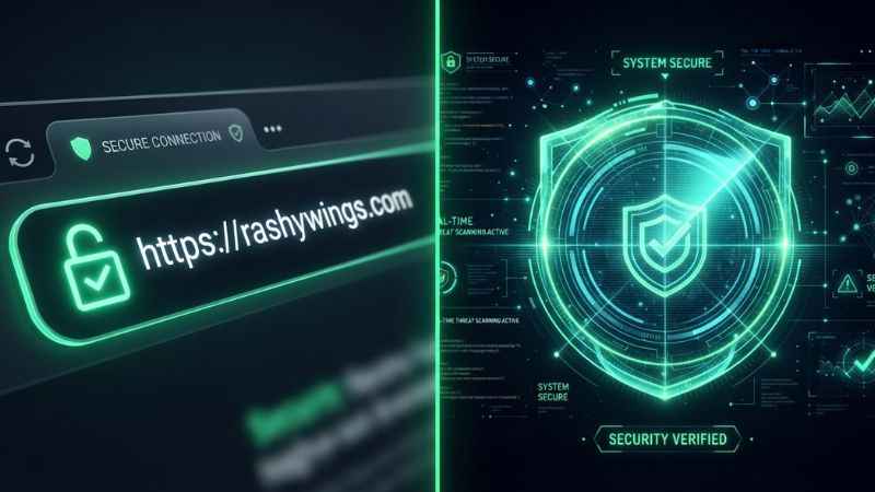 A close-up view of a web browser address bar showing a secure lock icon next to the URL rashywings.com.