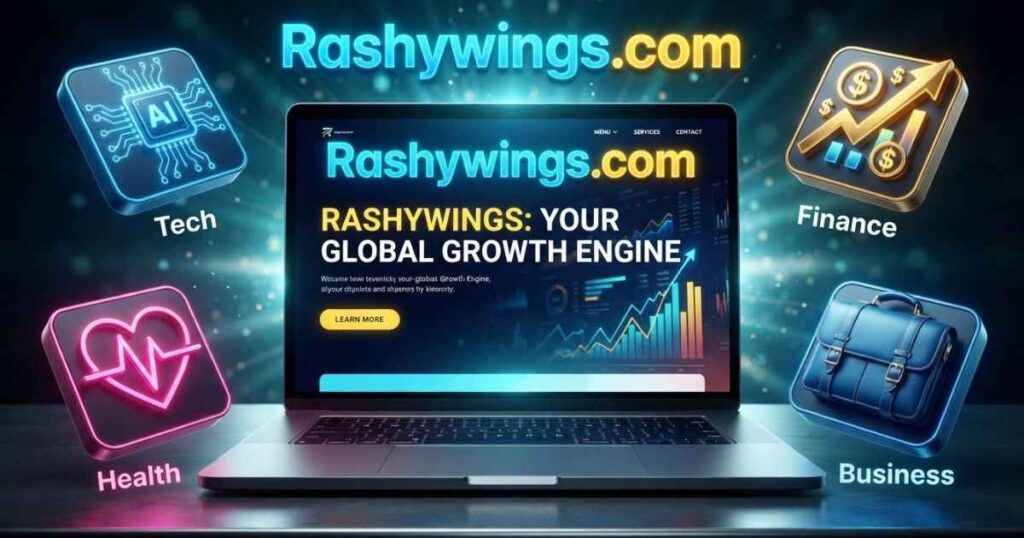 A laptop computer showing the Rashywings.com main website with floating topic icons for technology, money, and health.