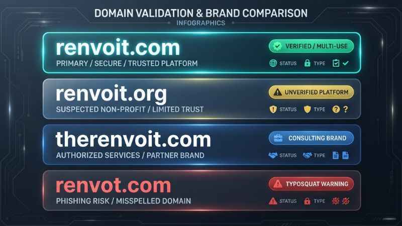 An illustrative chart comparing domain names and status indicators; not an actual screenshot of renvoit.com.