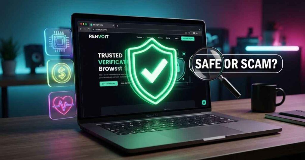 An illustrative, generic concept image showing a laptop and security icons; not an actual screenshot of renvoit.com.