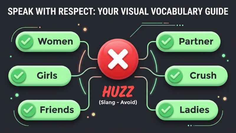 A visual guide of respectful alternatives to the slang word huzz.