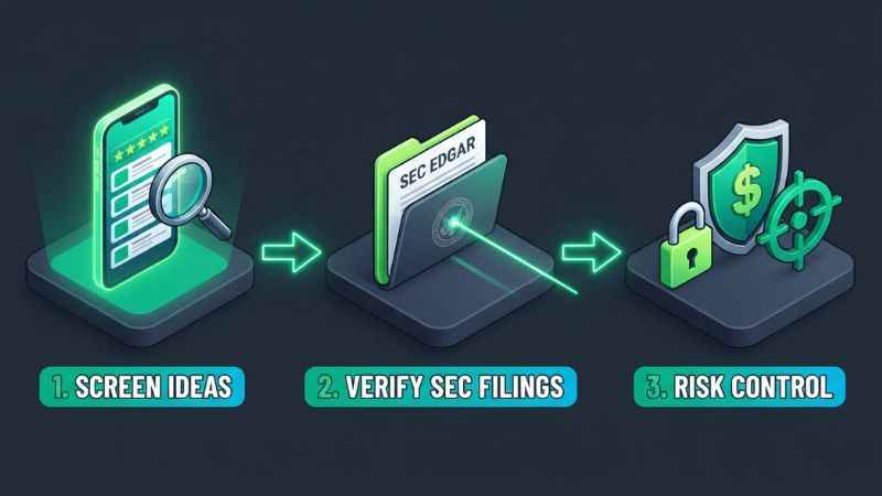 3-step workflow diagram for cross-referencing AI stock screeners with official SEC records.