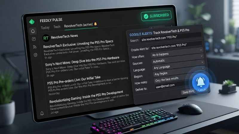 Computer screen showing RSS reader feed setup for RevolverTech gaming updates.