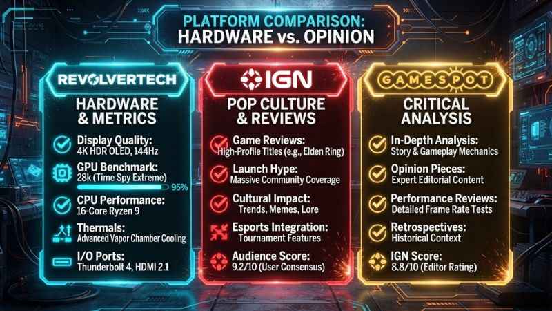 Comparison chart of RevolverTech, IGN, and GameSpot review focus areas.