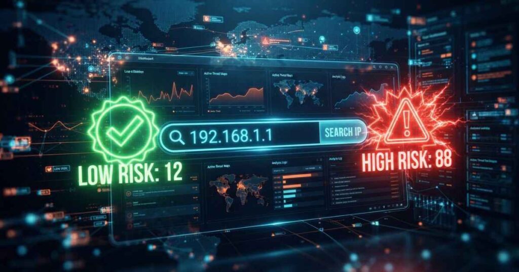 Digital dashboard displaying Scamalytics IP fraud risk scores and network connections.