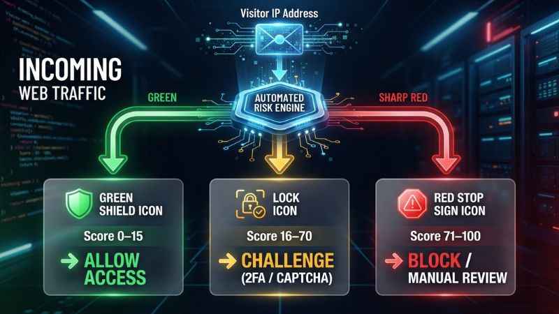 Diagram showing how to set business rules based on Scamalytics score ranges.