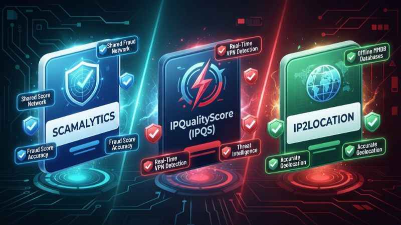 Comparison graphic showing features of Scamalytics, IPQualityScore, and IP2Location.