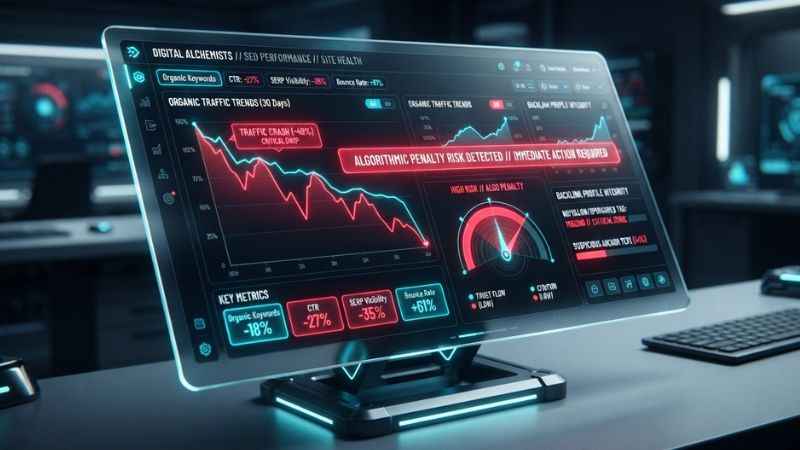 SEO software dashboard displaying domain authority metrics and backlink risk warnings.