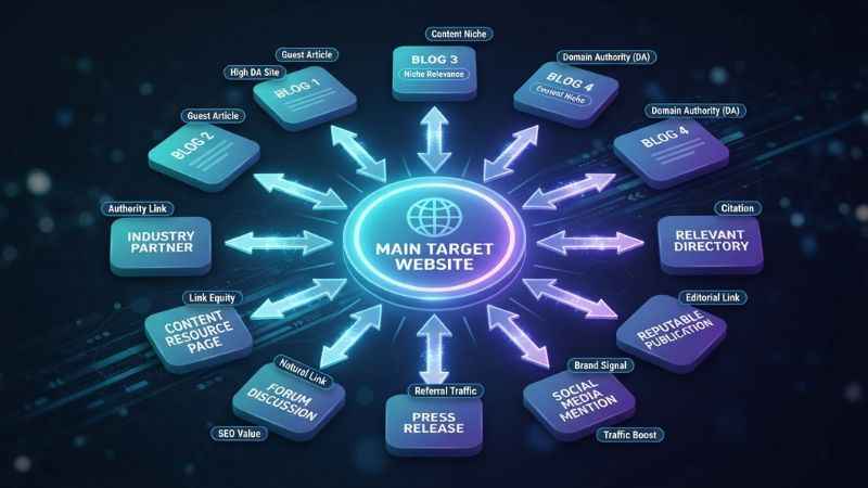 Diagram showing SEO backlink strategy and link connections.