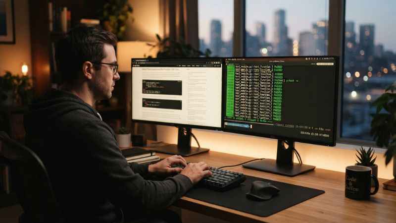 A developer testing programming code snippets from a technical article on a dual-monitor setup