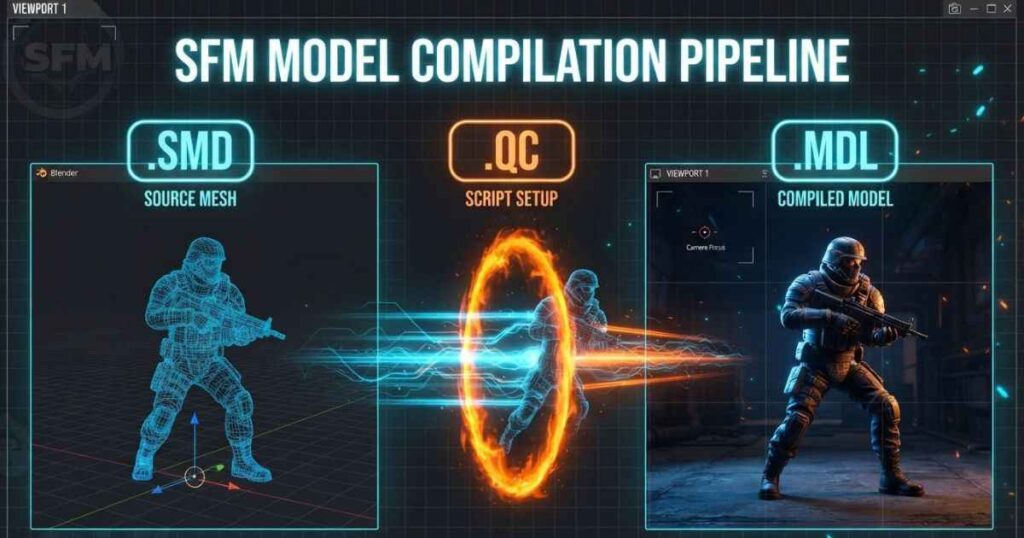 Illustration showing the SFM compile process from 3D Blender mesh to finished Source Filmmaker model.