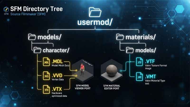 Folder structure diagram showing where compiled MDL and VTF files go inside the SFM usermod directory.