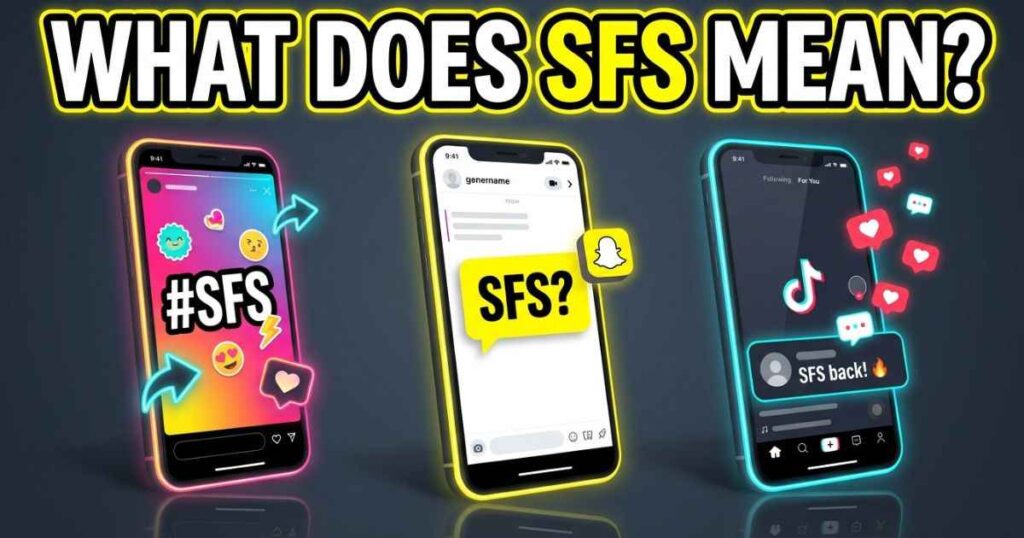 Diagram showing how the term SFS appears across Snapchat, Instagram, and TikTok screens.