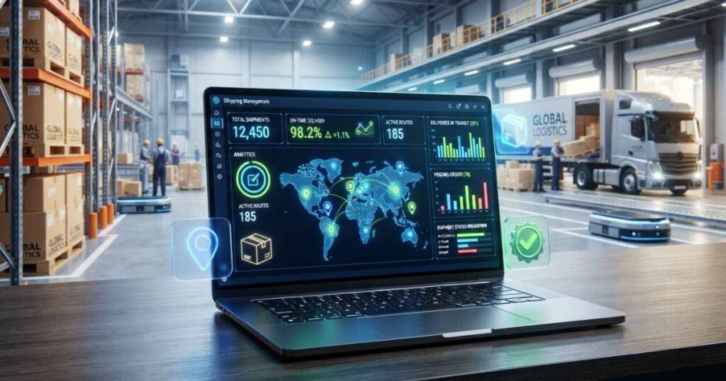 Illustration of a shipping management platform dashboard displayed on a laptop beside shipping pallets and packages.