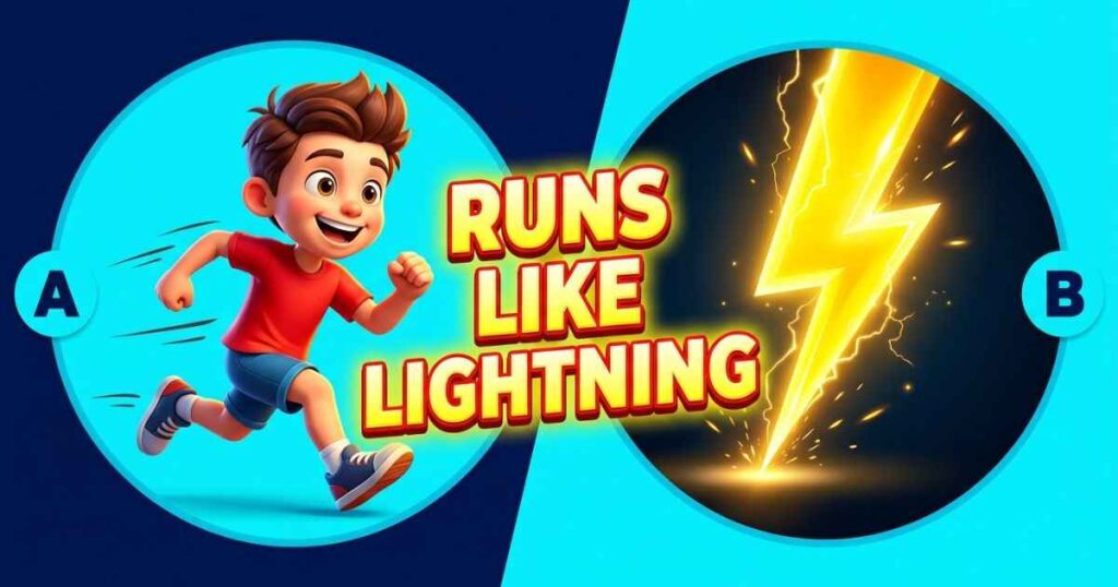 A colorful graphic illustrating a simile example comparing a running boy to a lightning bolt.