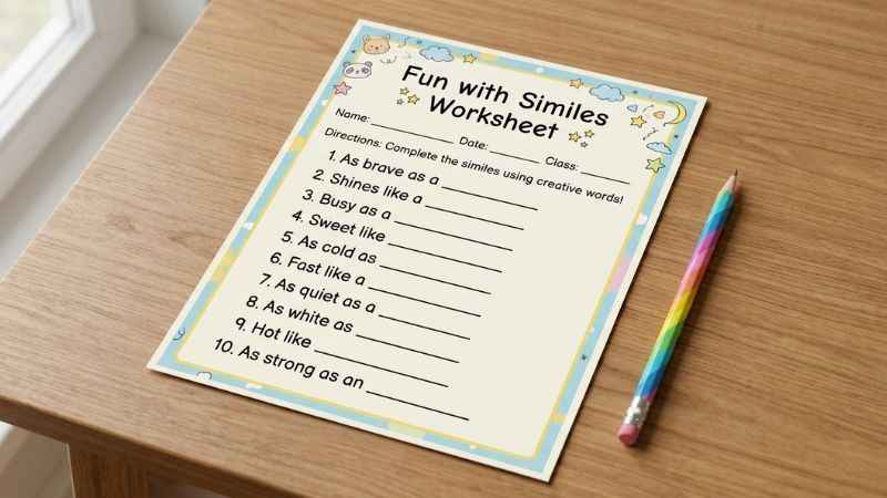 A sample student worksheet page featuring fill-in-the-blank simile practice exercises.