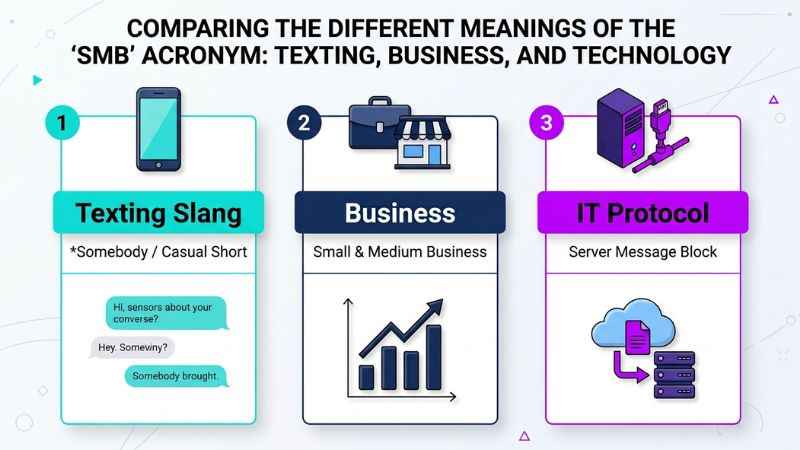 Comparison table defining SMB in text messaging, small business, and network technology.