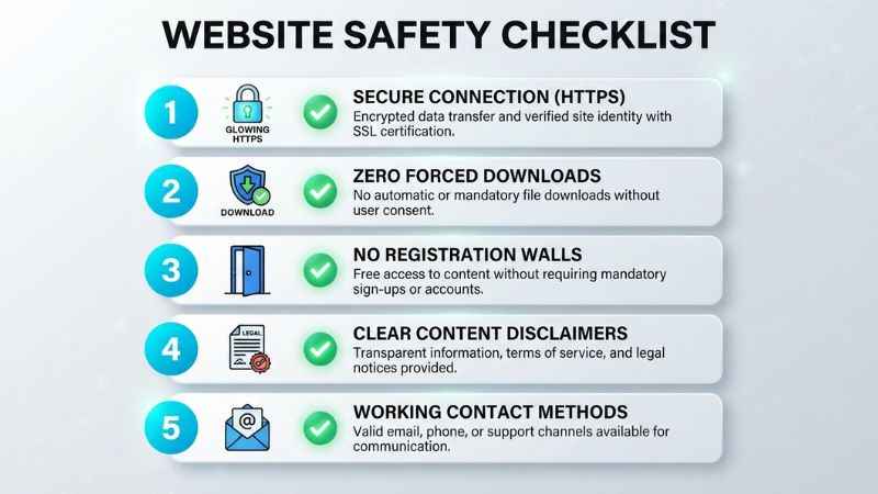 A 5-step infographic checklist used to verify website safety and legitimacy.