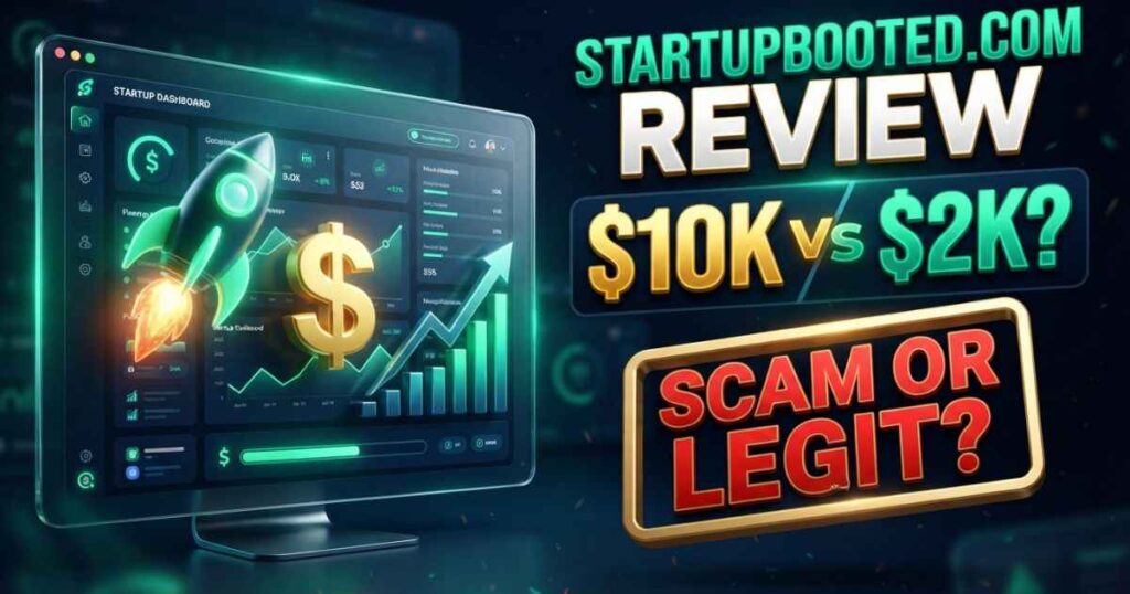 High-CTR YouTube thumbnail style graphic analyzing startupbooted.com review and pricing structure.