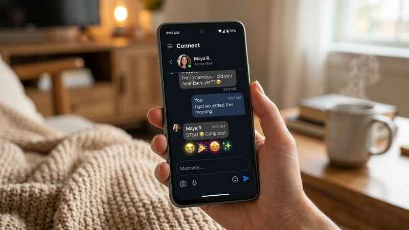 Smartphone screen demonstrating how STSU is used in casual text messaging with emojis.