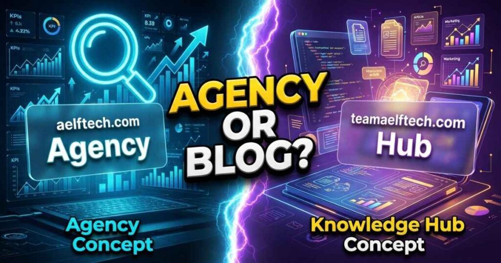 Split illustration comparing aelftech.com marketing agency with teamaelftech.com knowledge hub