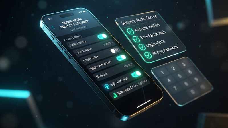 A conceptual graphic of a smartphone displaying social media privacy settings next to a how-to checklist.