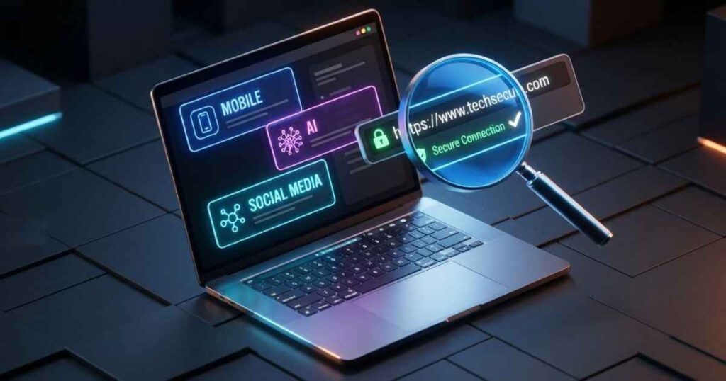 A conceptual illustration showing a technology guide website layout and topic categories on a laptop screen.