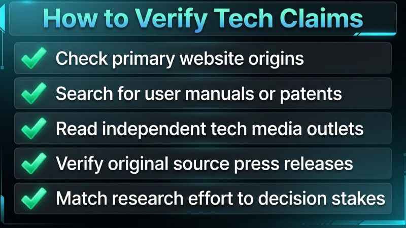 Five-step checklist for verifying online technology and company claims.