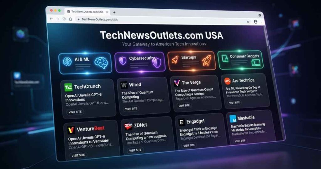 Web page interface showing organized tech news directory listings.