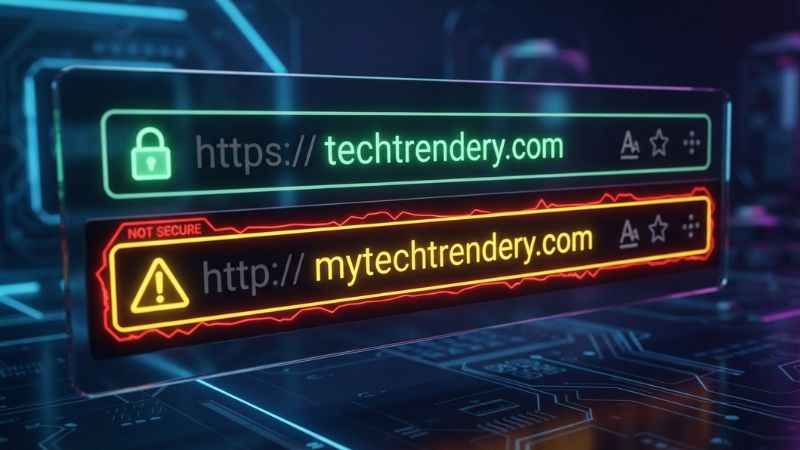 Comparison of address bars showing techtrendery.com and lookalike domain variants.