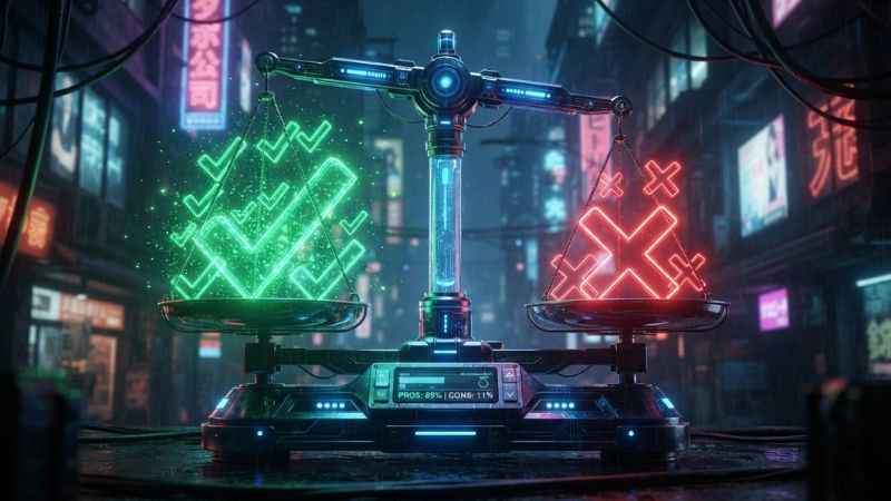 Futuristic 3D digital scale balancing glowing green checkmarks against red warning crosses for TechyTune.com review verdict.