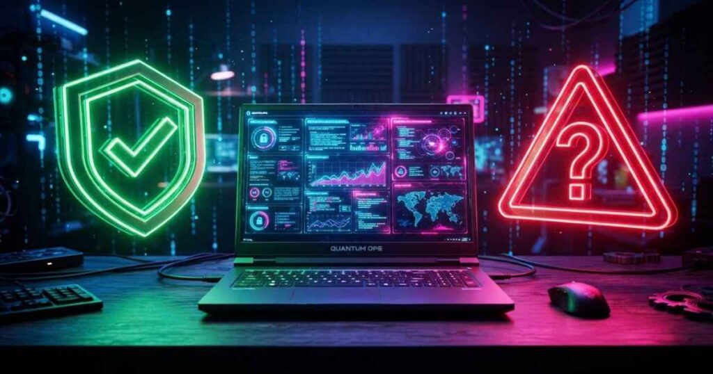 TechyTune.com website review on a laptop screen with cybersecurity and trust shield icons overlay.