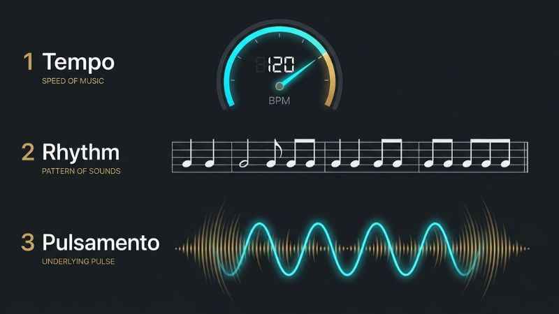 Infographic chart comparing the differences between tempo, rhythm, and musical pulsamento.