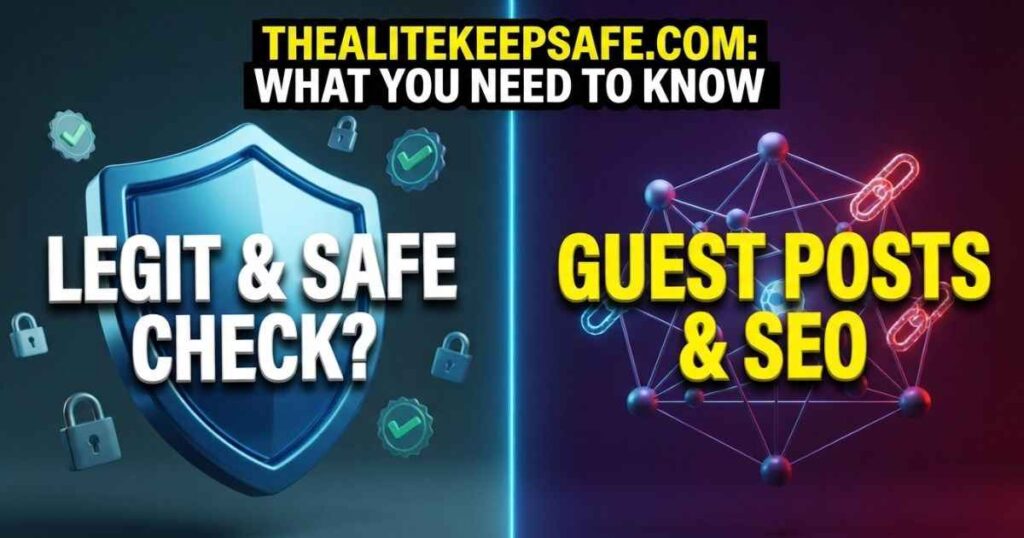 Banner illustration analyzing thealitekeepsafe.com legitimacy and SEO guest post options.
