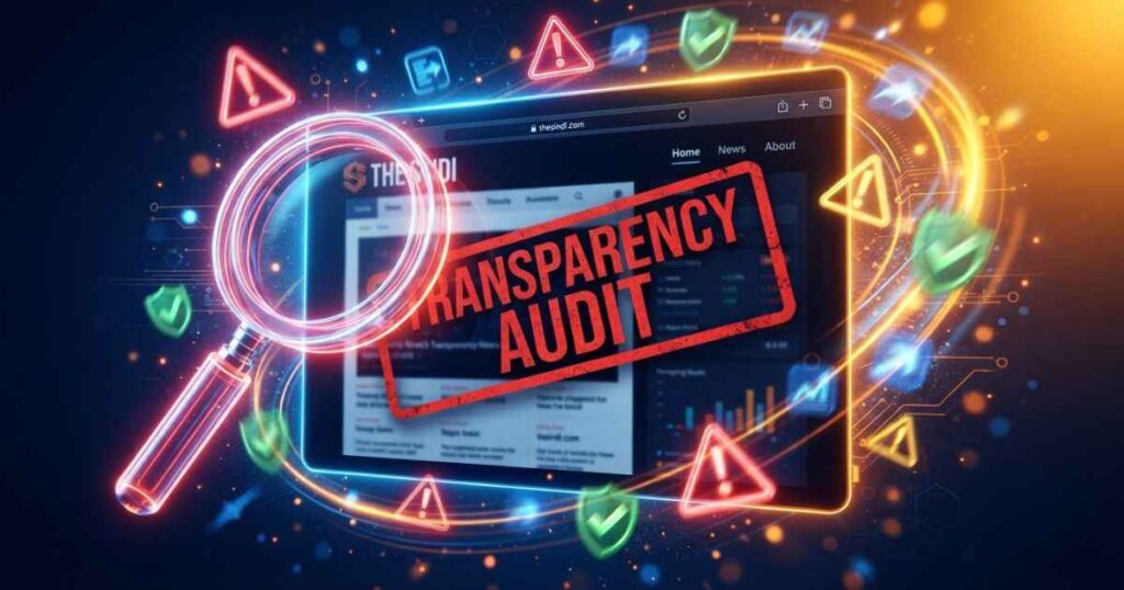 A digital audit magnifying glass highlighting the homepage of thesindi.com.