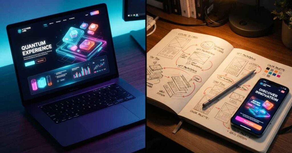 Overview of thinkdesignblog com showing web design wireframes, UI UX sketches, and technology gear.