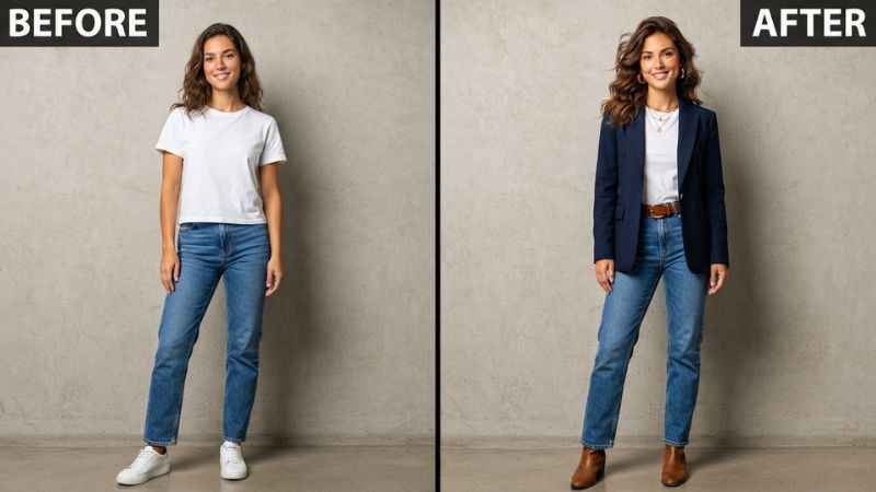 Side by side outfit transformation showing basic jeans and t-shirt elevated with a blazer using the third piece rule.