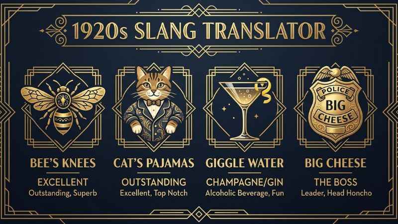 An Art Deco visual guide displaying top 1920s slang words and their modern definitions